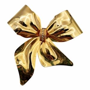 Vintage Gold Tone Rhinestone Bow Brooch Pin